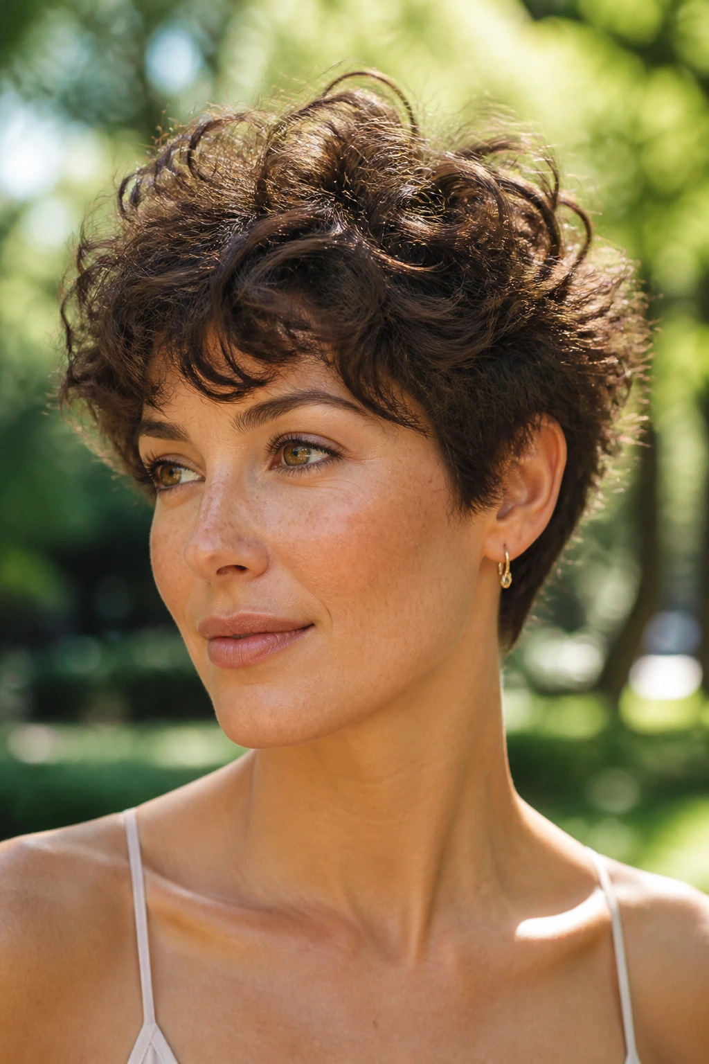 Close-up portrait of a real woman with cloud-layer pixie in a sunny park.