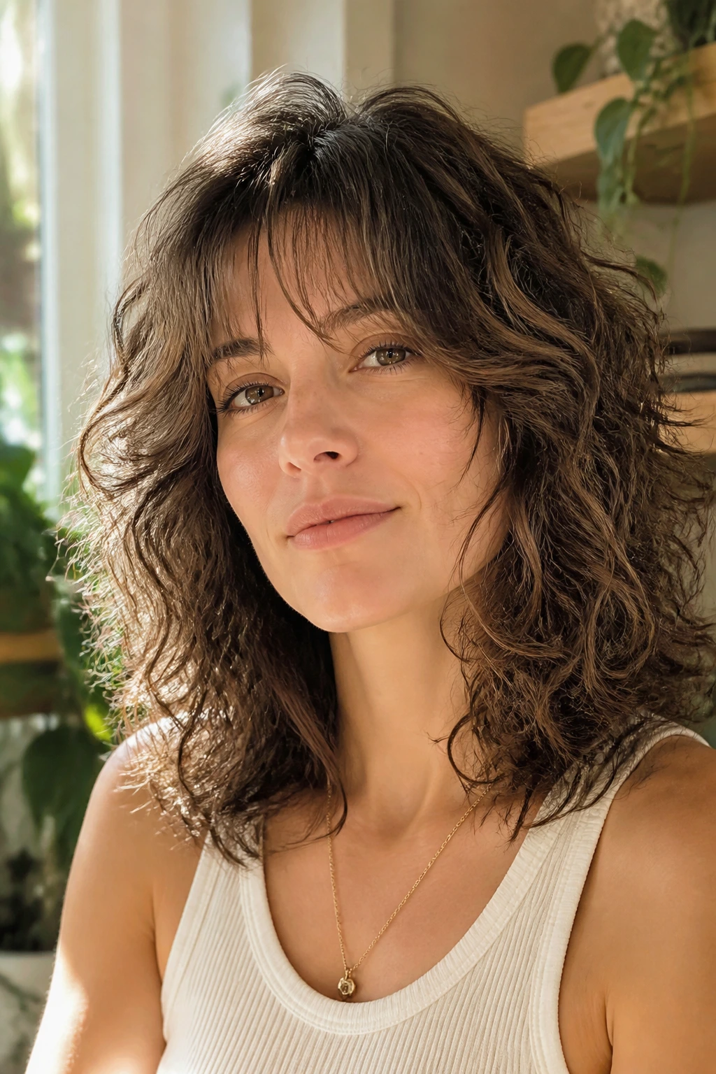 Real woman with cloud-like layered curls and grown-out bangs.