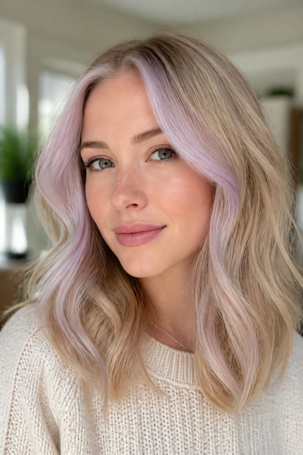 Real woman with pale lilac money pieces framing face in bright room.