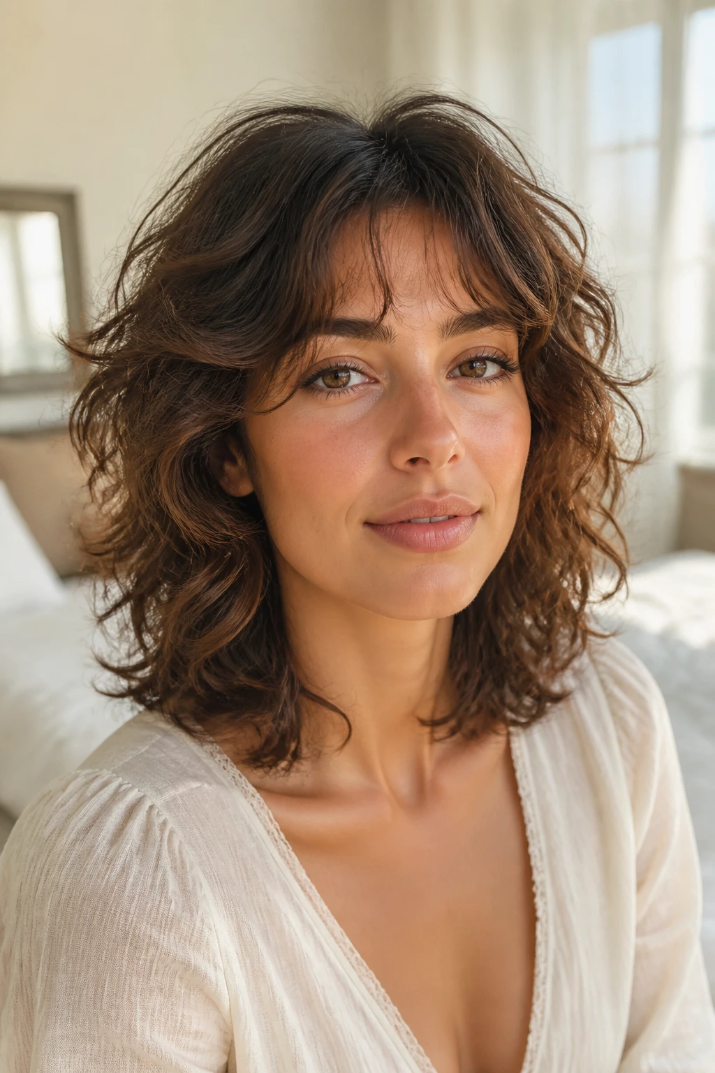 Shoulder-length cloud shag on a real person with airy waves