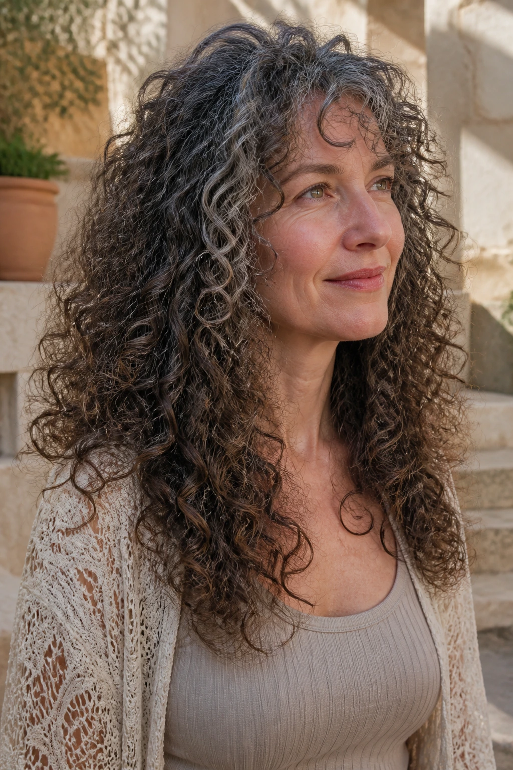 Close-up portrait of a real woman with coarse curls and internal layers outdoors.