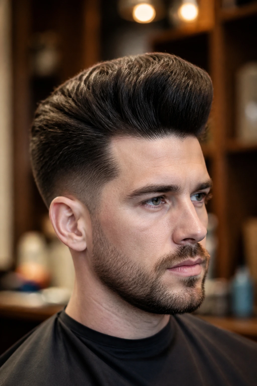 Close-up of a man with a coarse-hair pompadour in a barber shop