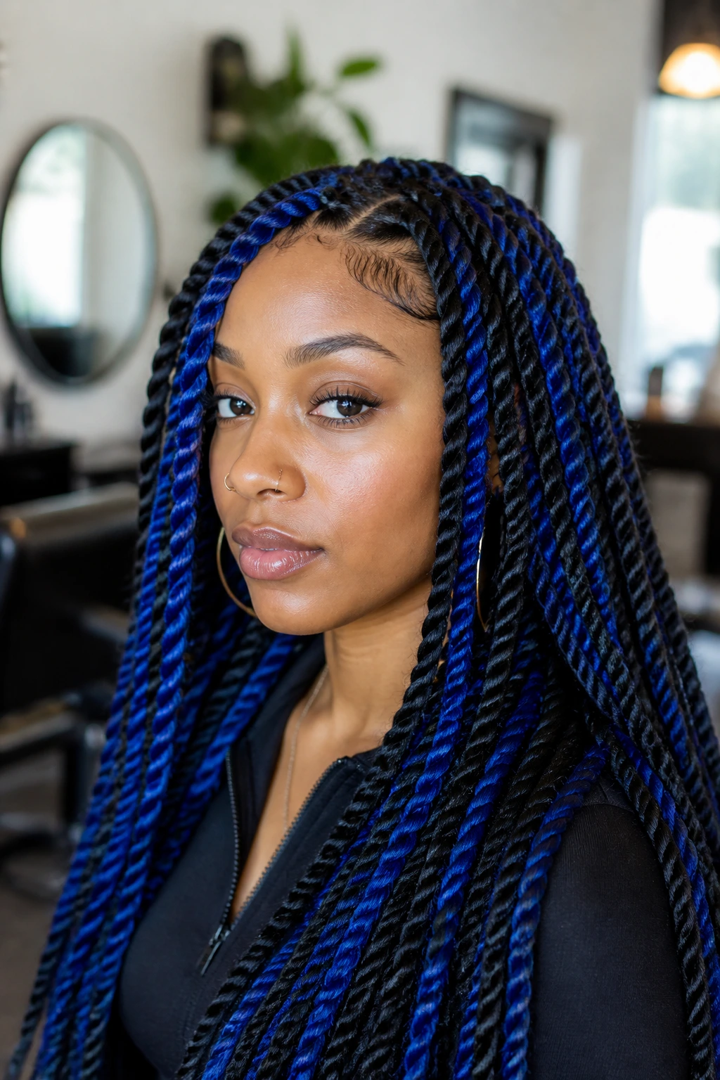 Close-up of a real woman with cobalt and black rope twists in a chic salon