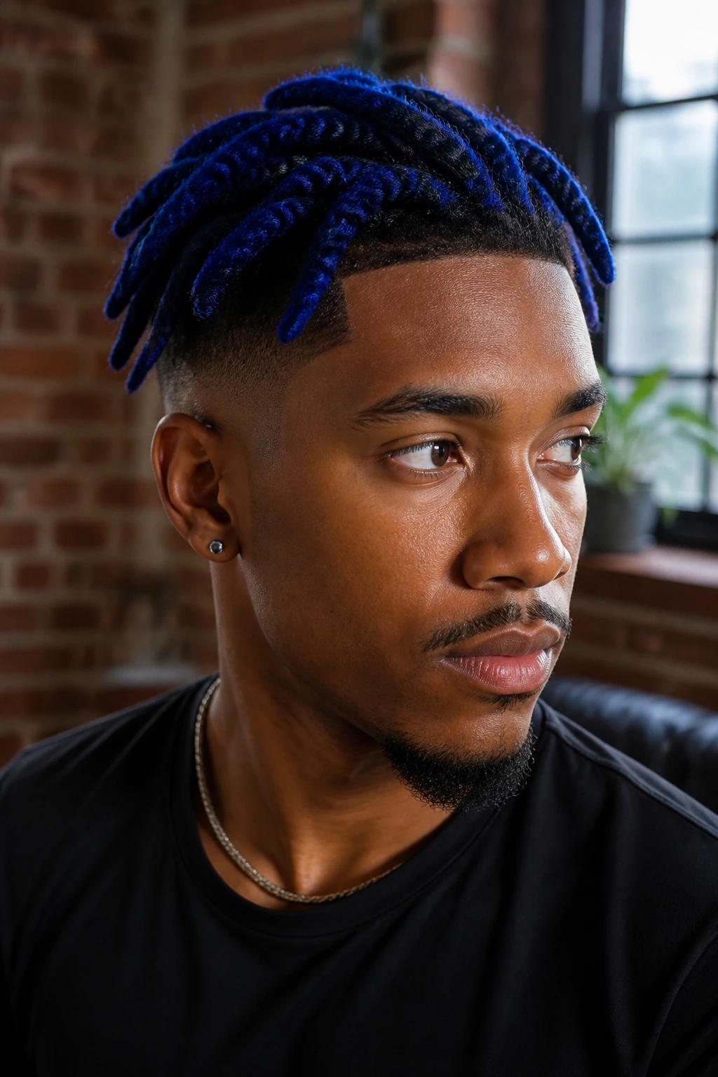 Close-up of real man with cobalt blue twists hairstyle