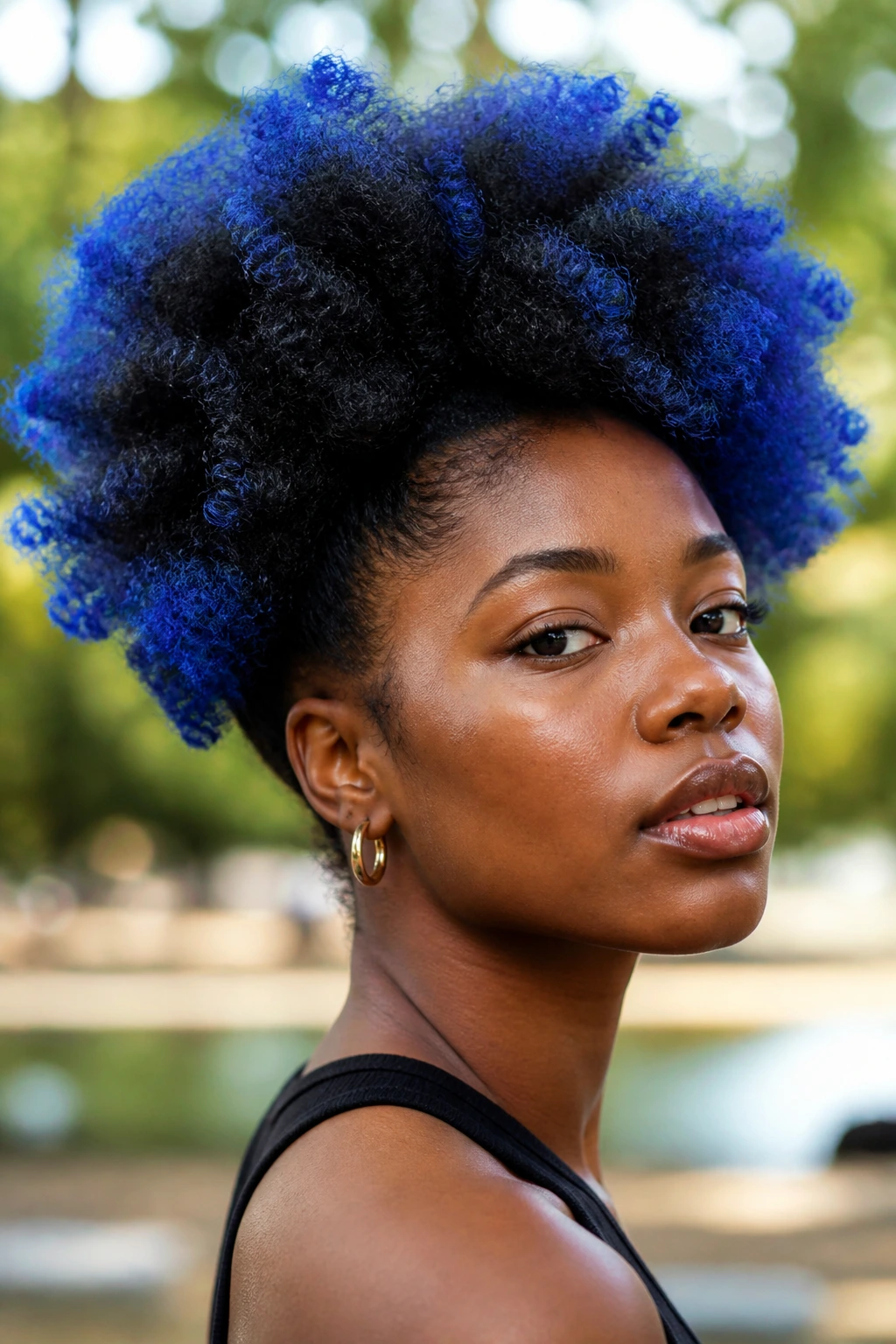Close-up of a person with cobalt blue ends on a high fro