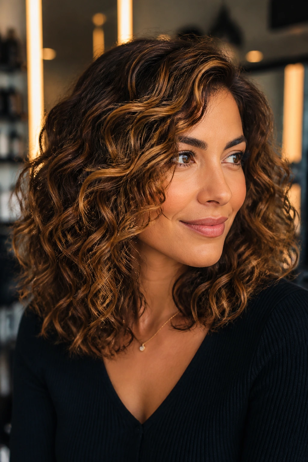 Close-up of a real woman's mid-length curly hair with cocoa base and gold balayage