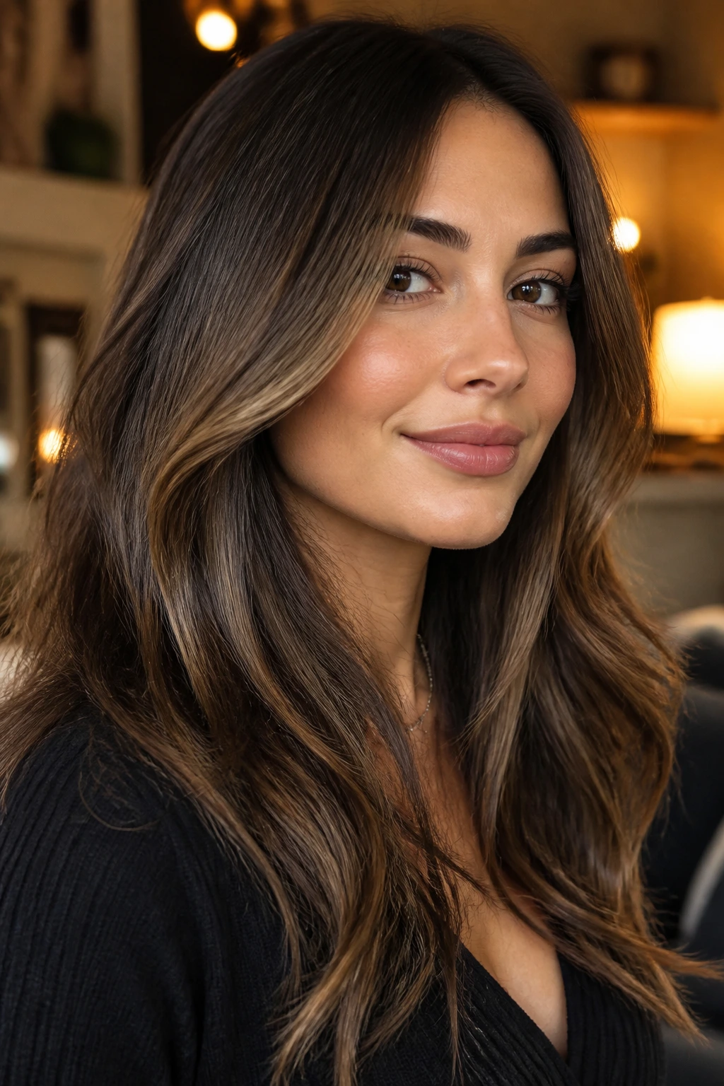 Close-up portrait of Cocoa Balayage with cocoa base and lighter ribbons