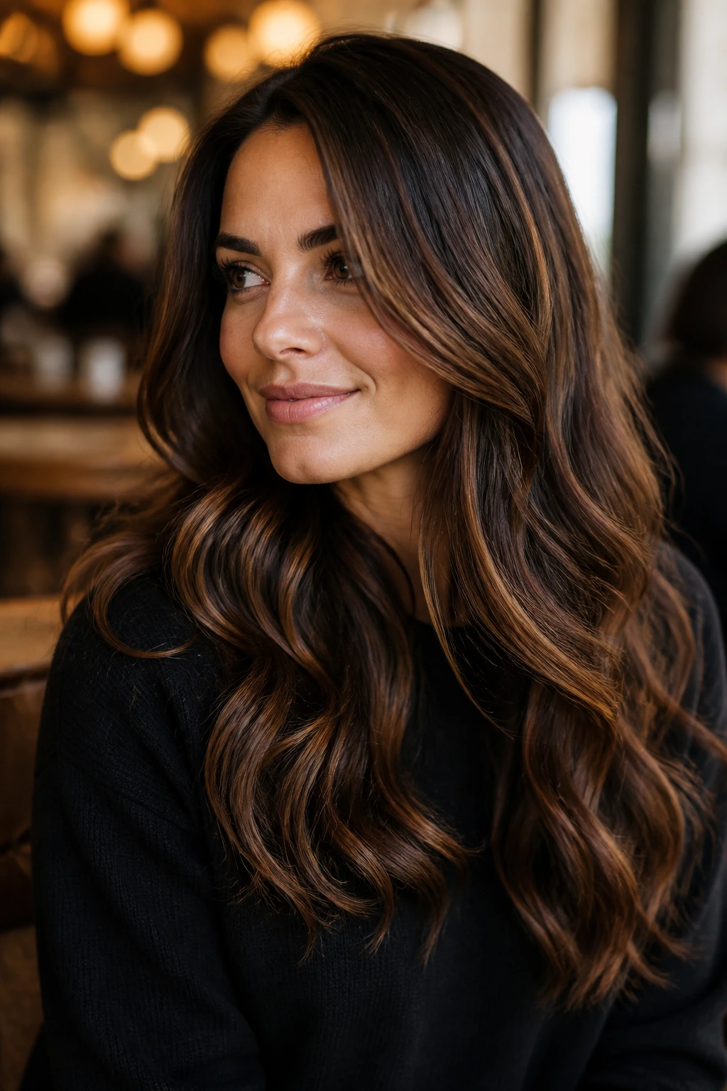 Portrait of a real woman with cocoa balayage on dark brown hair, chocolate ribbons and depth.