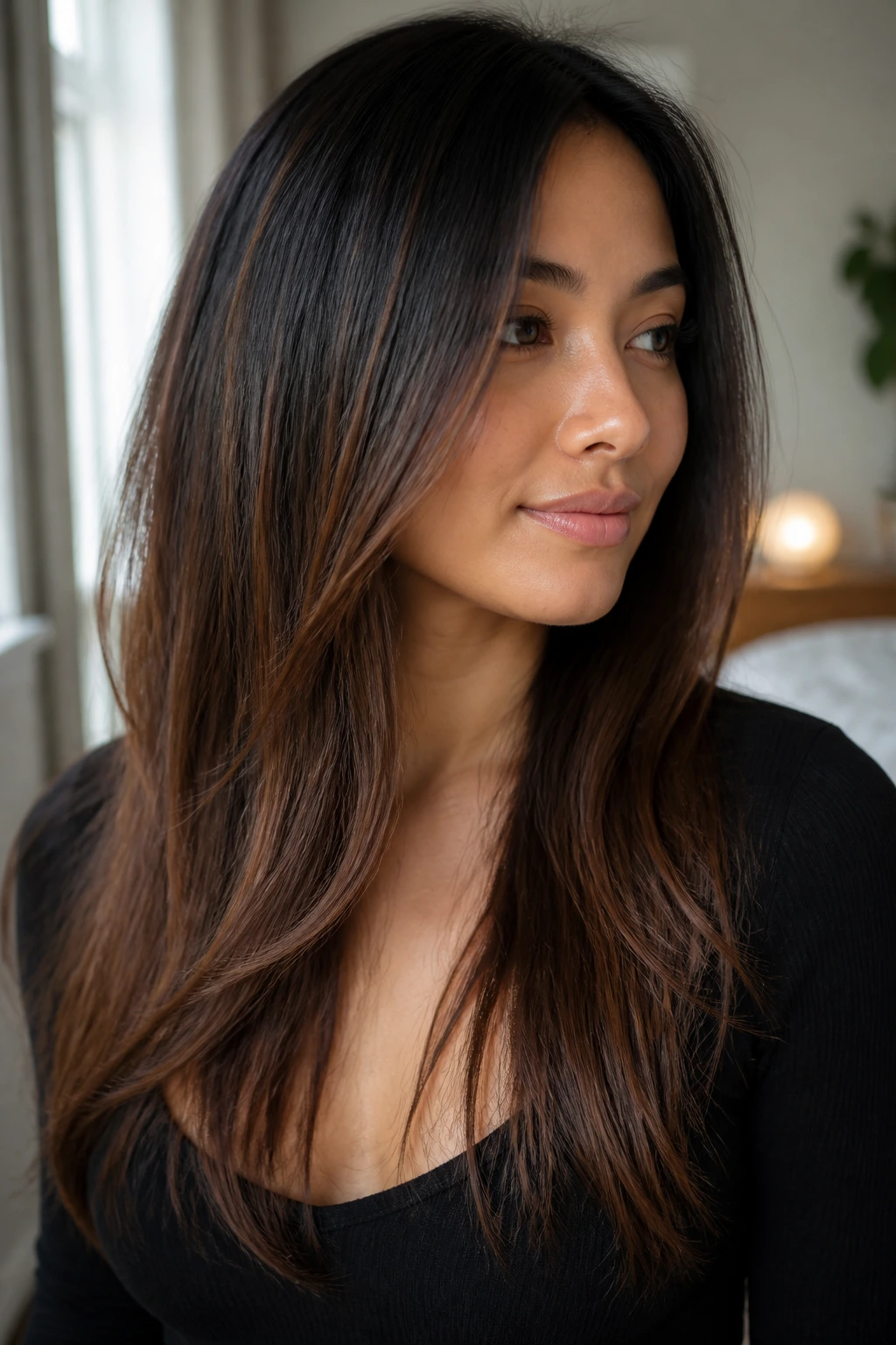 Close-up of real person with cocoa balayage mid-lengths