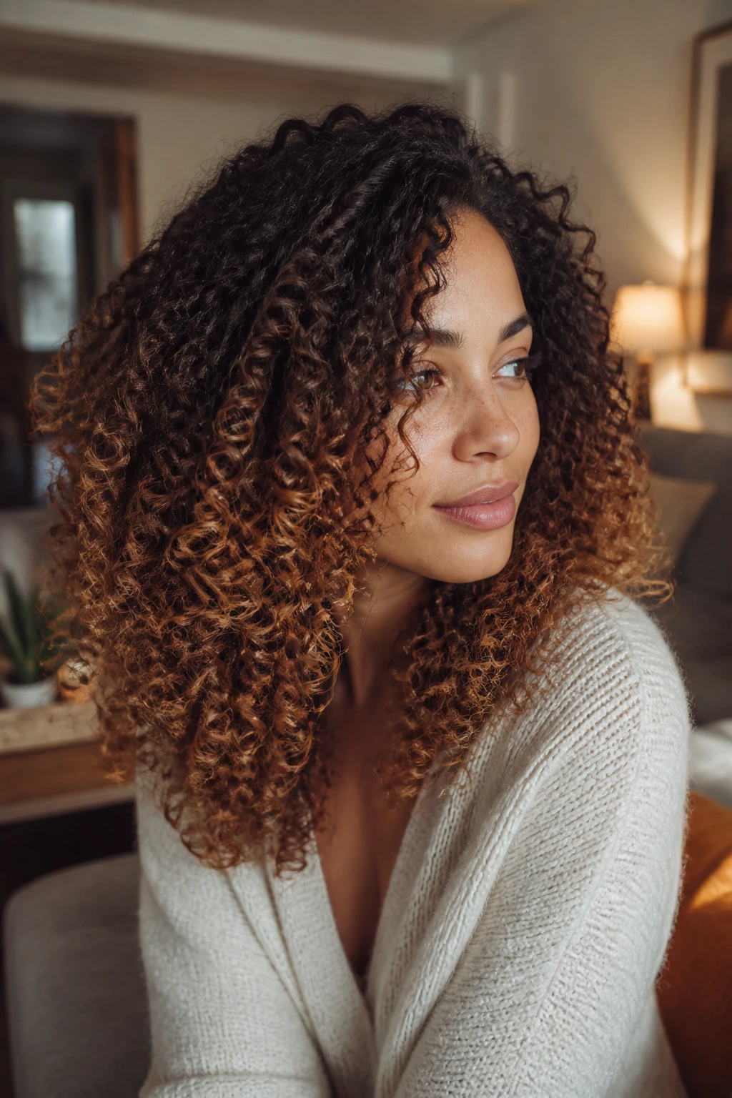 Close-up of a real person showing cocoa roots and maple ends on curly hair