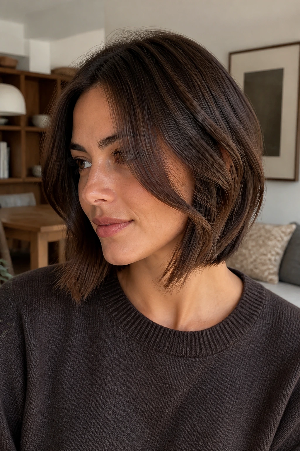 Cocoa brown bob with face-framing pieces in natural daylight.