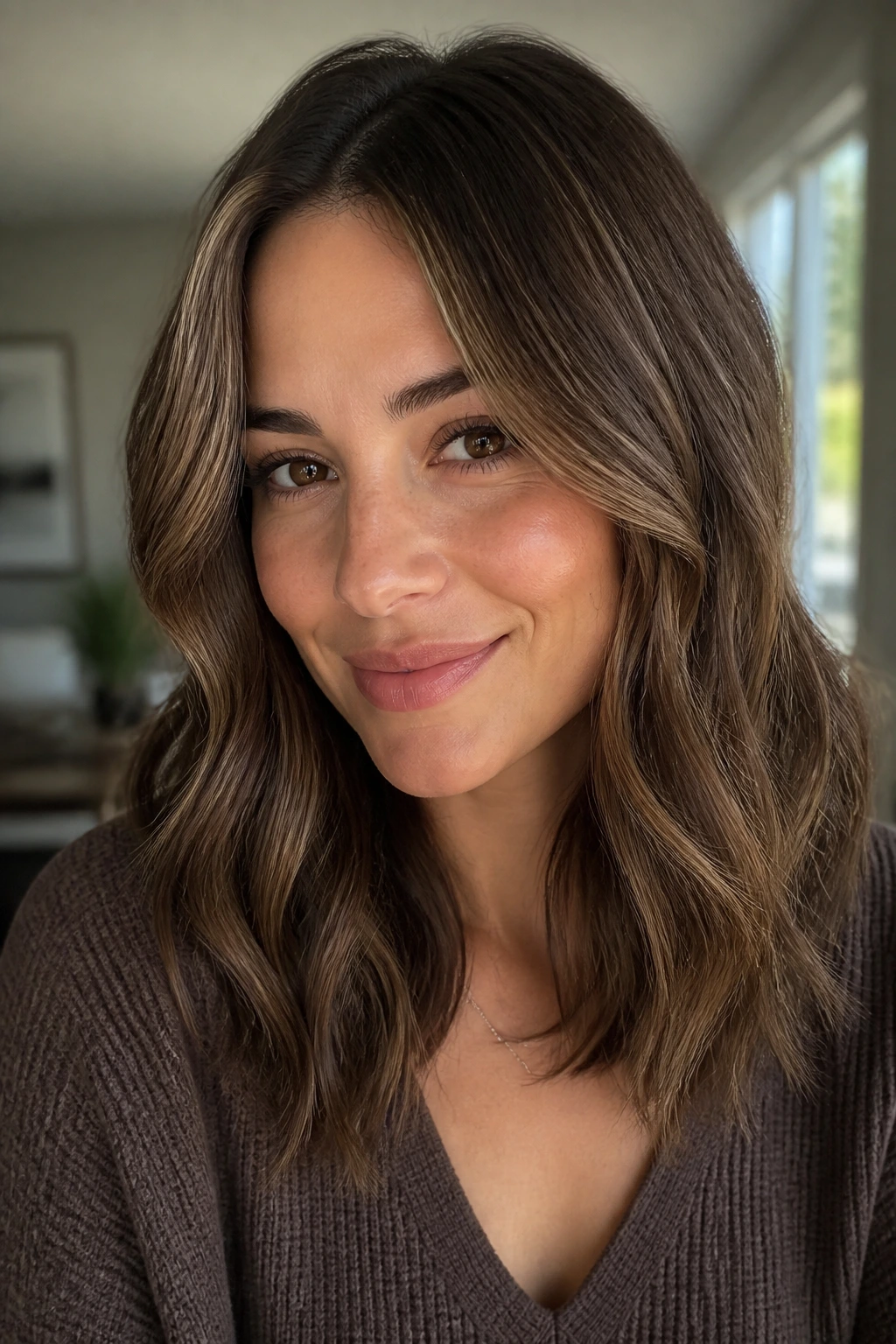 Close-up of cocoa brown hair with fine baby-lights on a real person, natural light