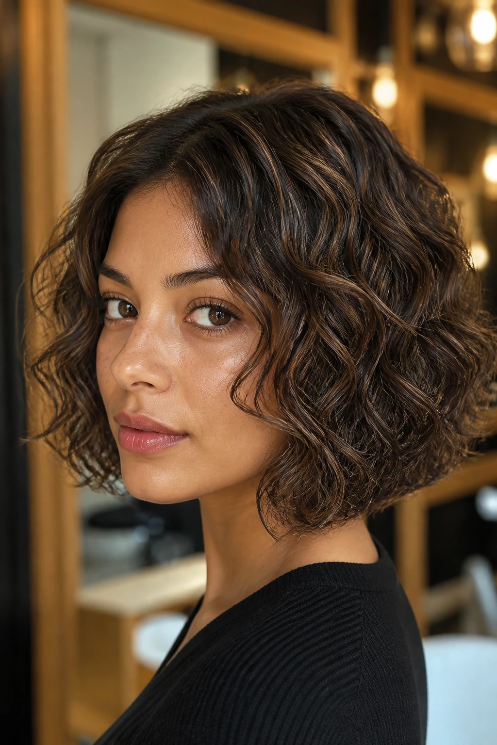 Cocoa brown bob with micro-highlights on a real woman in a stylish salon