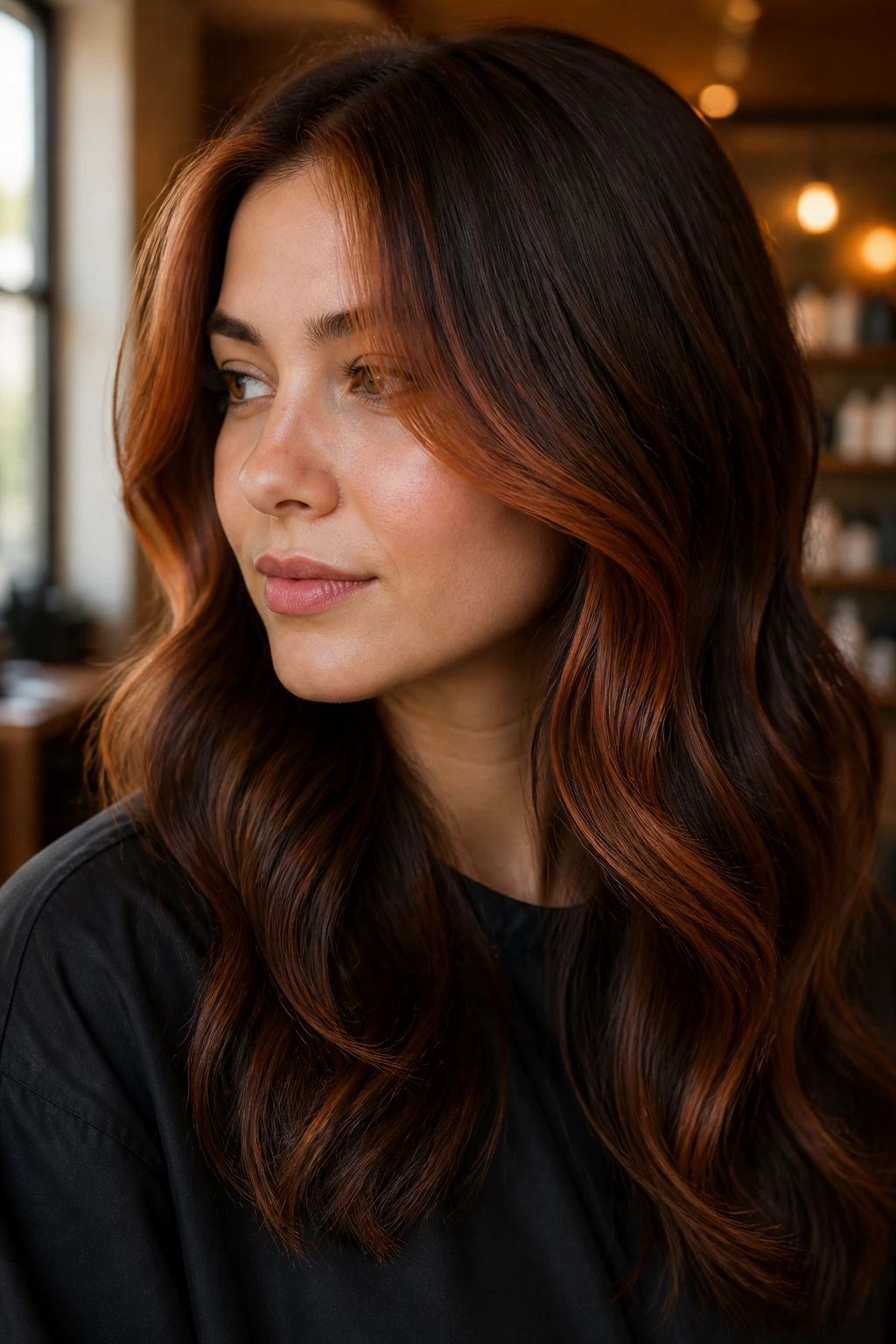 Close-up portrait of a real woman with cocoa brown hair and copper framing around the face.