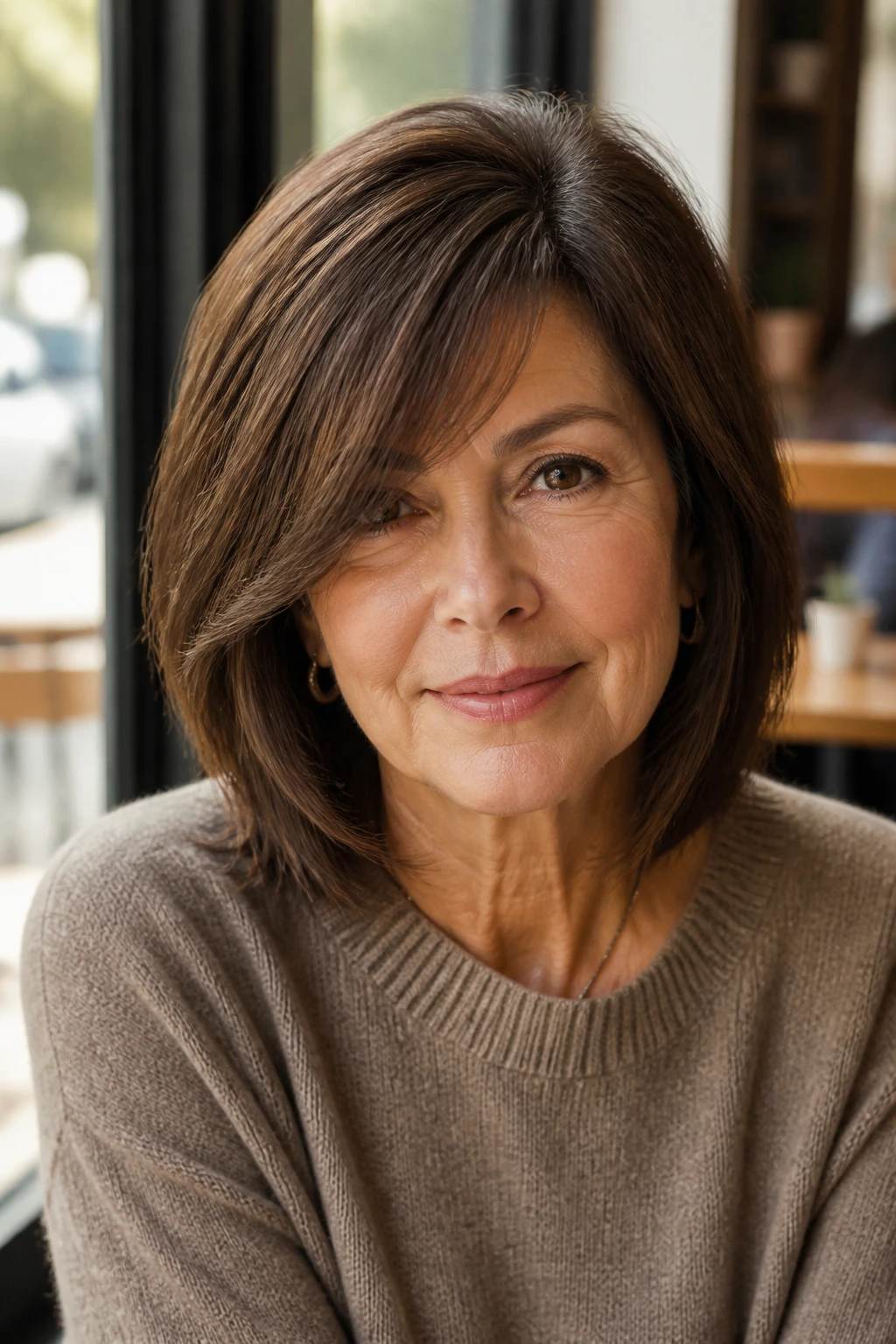 Close-up of a real woman with a cocoa brown side-swept fringe lob at a cafe window seat