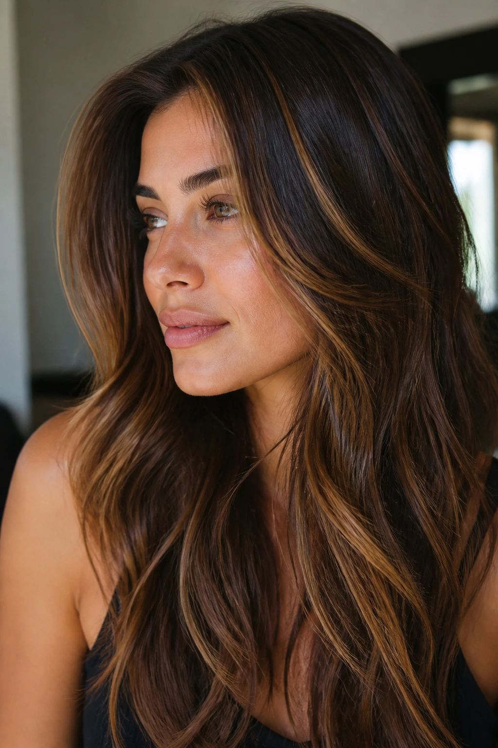 Portrait of a woman with cocoa brown hair and subtle golden ribbons for dimension.