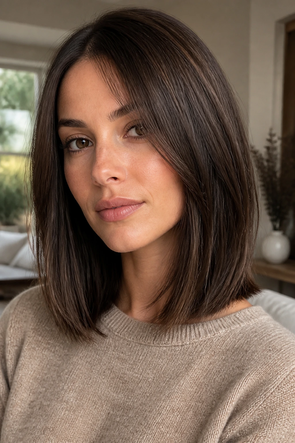 Close-up of a real woman's cocoa brunette lob with micro-ends under warm window light