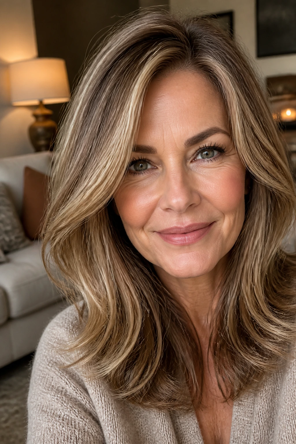 Close-up of a real woman with Cocoa-Butter Blonde hair, deep base with creamy brown-gold highlights