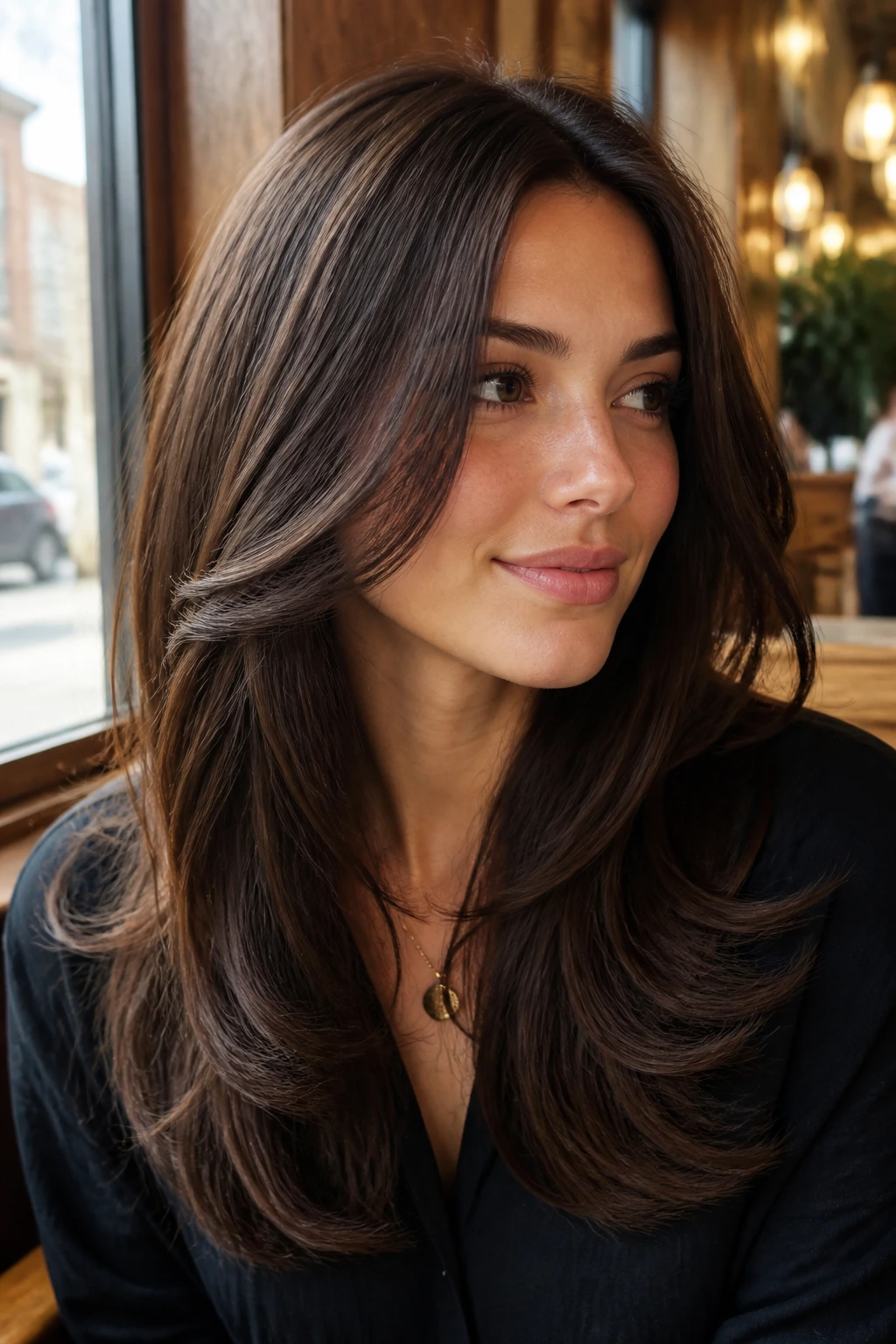 Cocoa C-Cut with Soft Ends on a real person with cocoa brown tone and curved frame around the face.