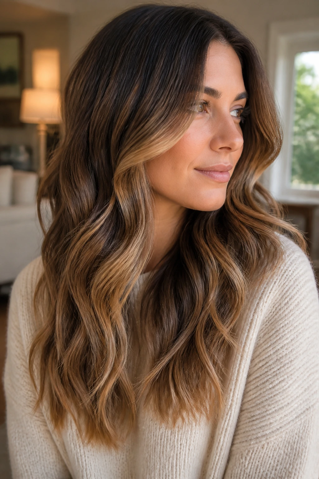 Close-up of a real person with Cocoa and Cashmere Balayage showing cocoa base with creamy highlight pieces