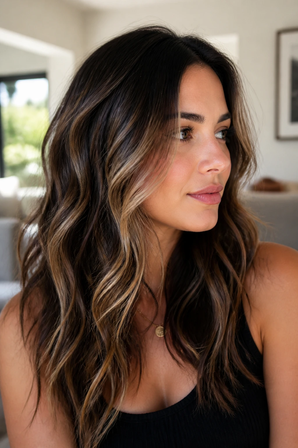 Portrait of a brunette with cocoa base and champagne highlights in waves