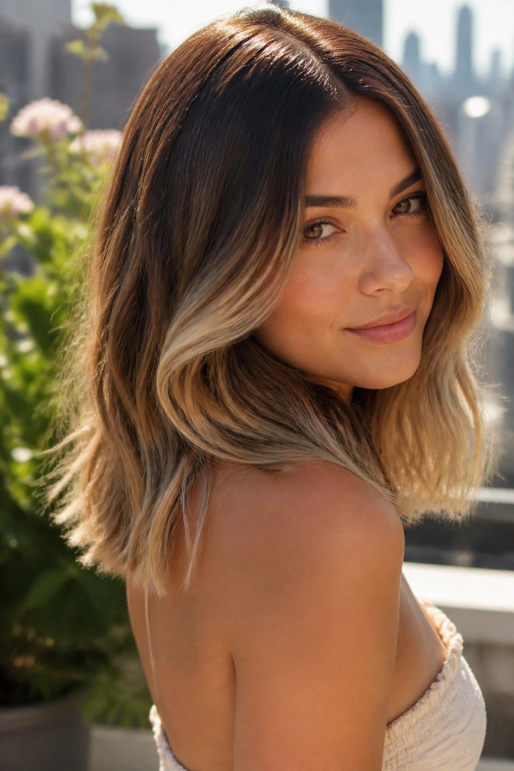 Real woman with cocoa to champagne blonde ombre shoulder-length hair.