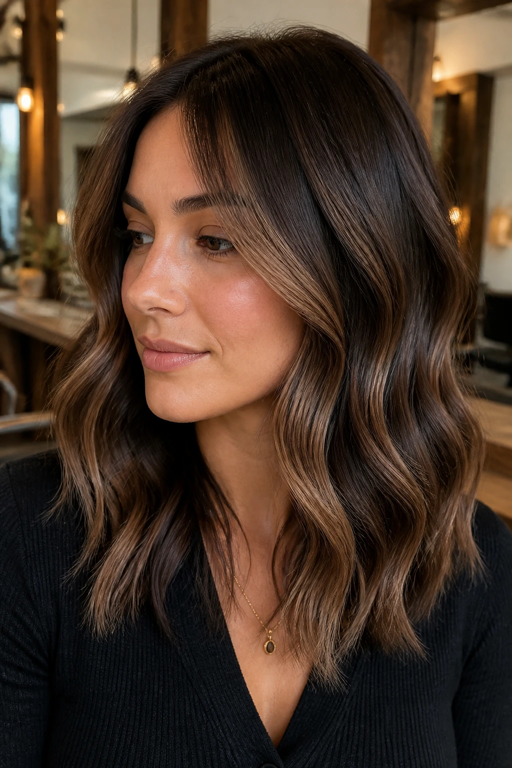 Close-up portrait of a real woman with cocoa contour balayage featuring face-framing lighter ribbons and deeper crown for contour.