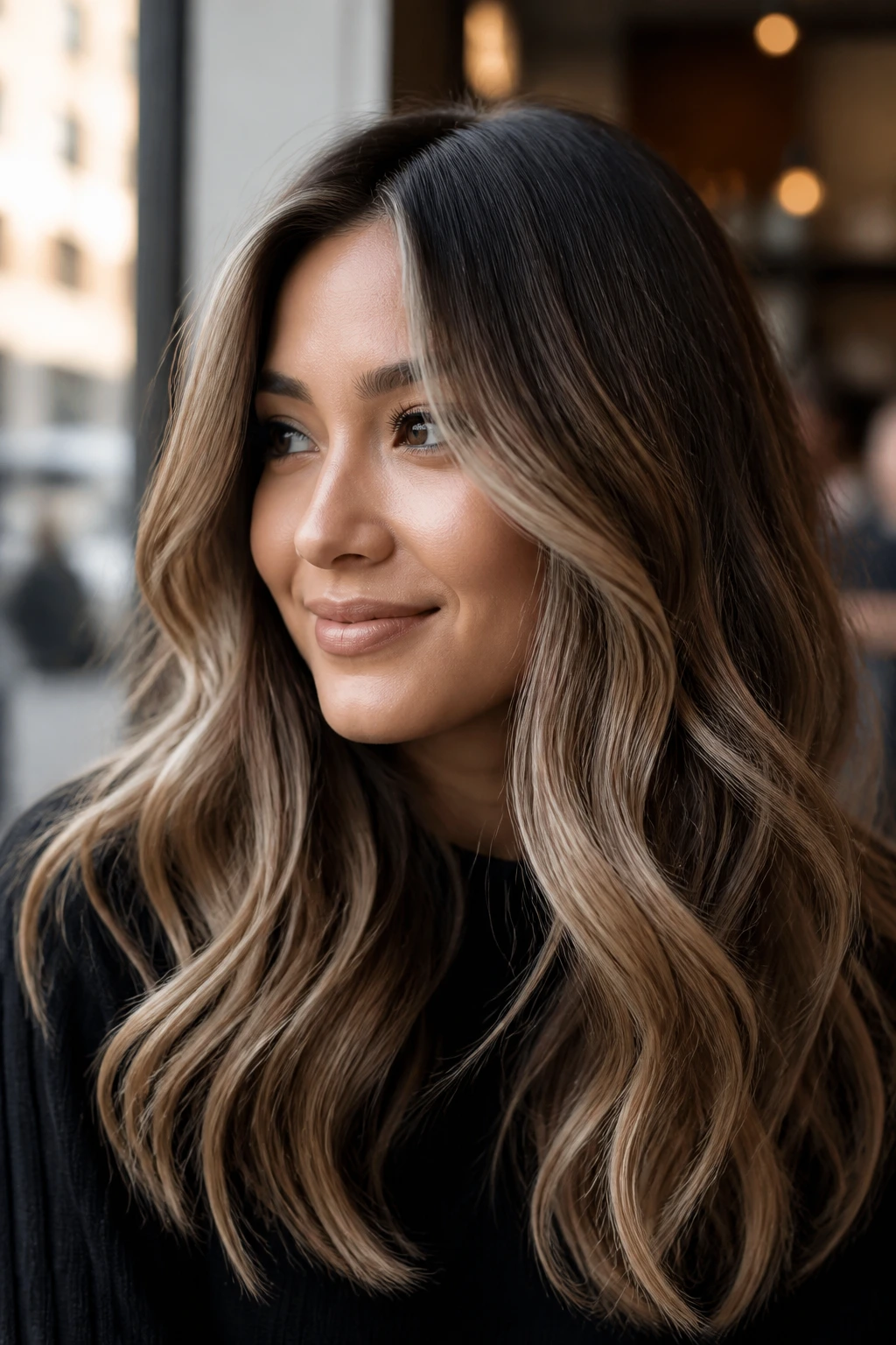 Close-up of a real woman with cocoa-dark base and cream balayage around the face