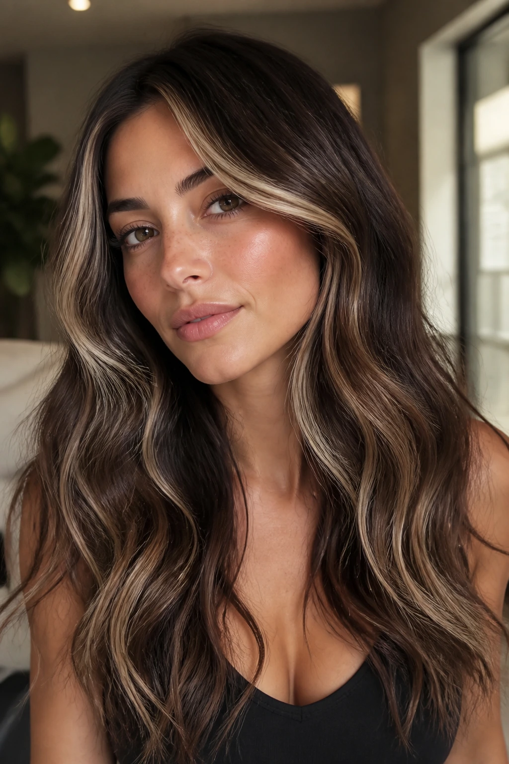 Close-up portrait of a real woman with cocoa-and-cream contrast in brunette hair with front and ends highlights