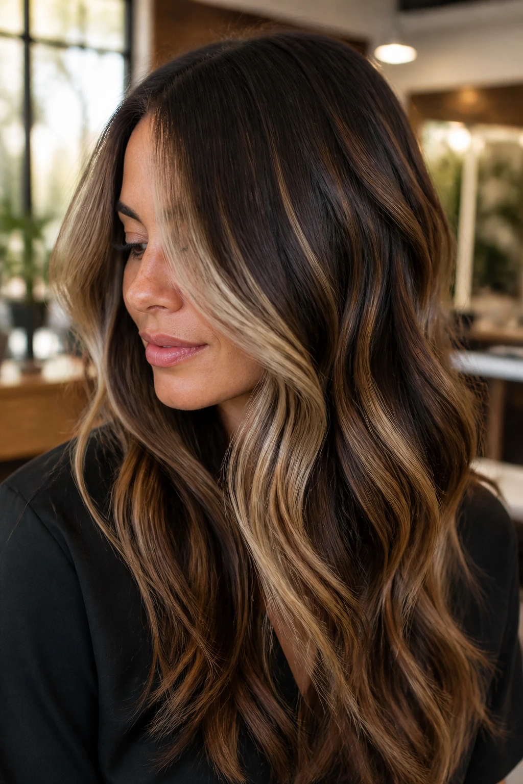 Close-up of a real woman with cocoa and cream balayage showing strong contrast