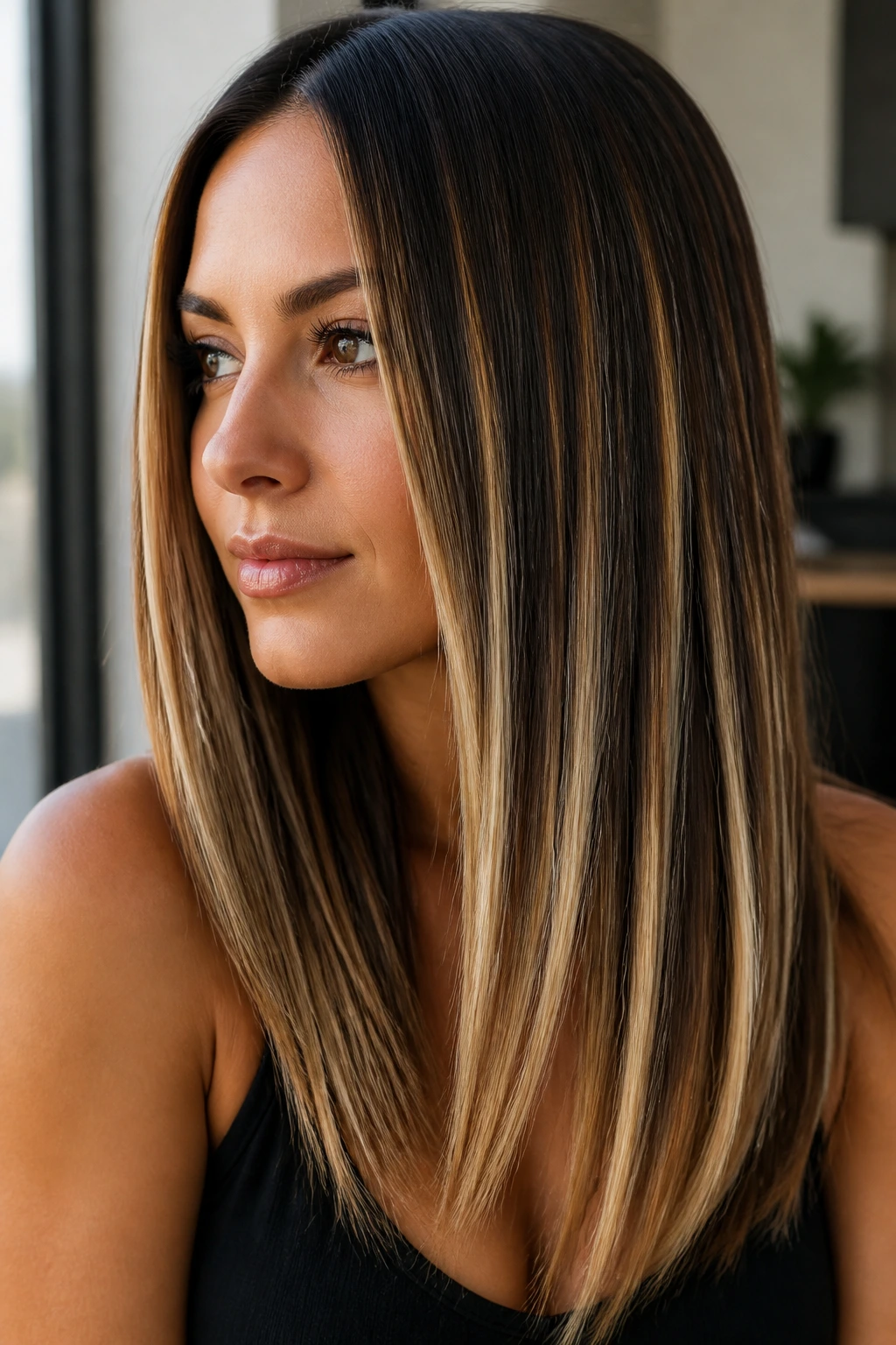 Close-up portrait showing cocoa and cream streaks on straight hair.