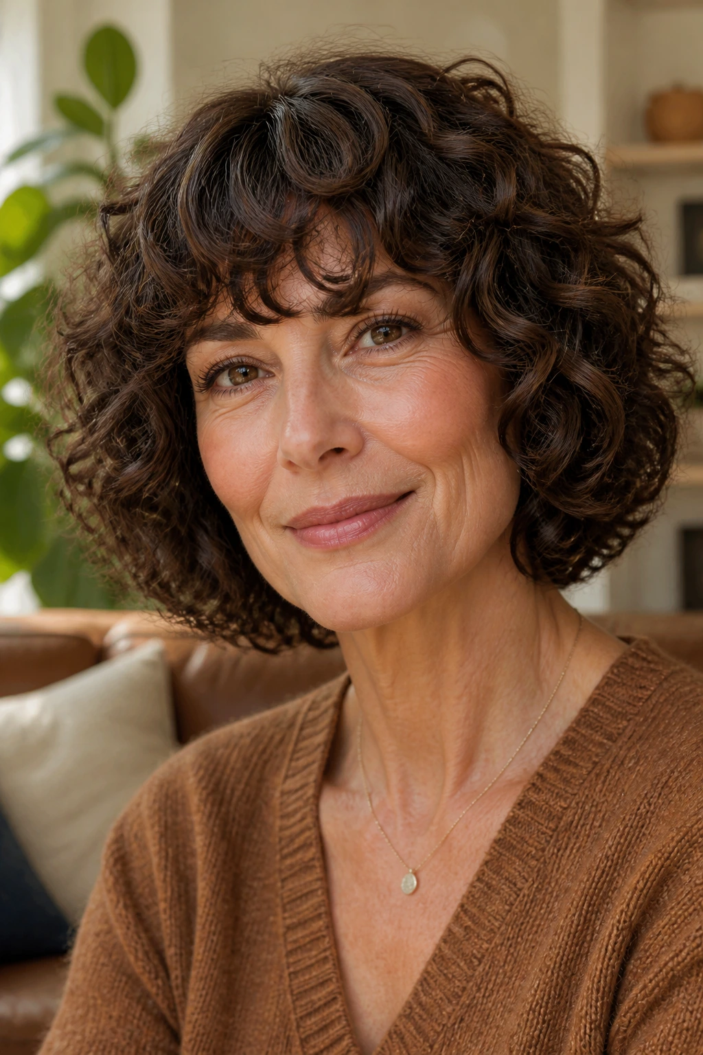 Close-up of a woman with cocoa-curly bob and curved bangs.