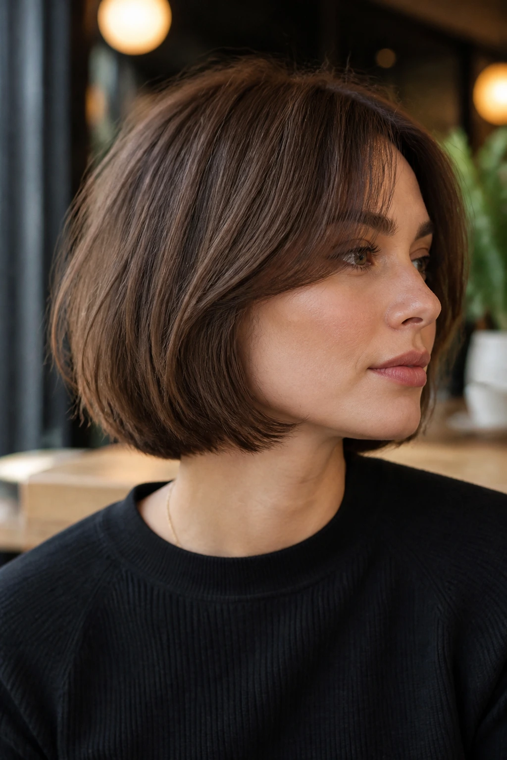 Close-up of a woman with a cocoa French bob and micro layers just below the cheekbone