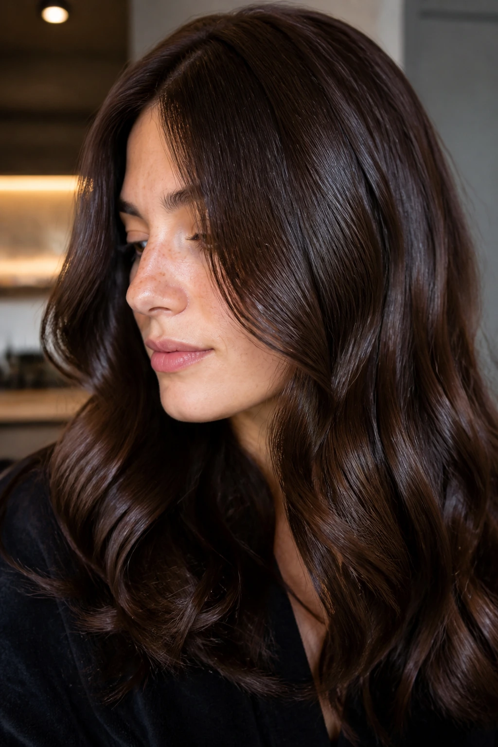 Close-up of cocoa gloss on rich brown hair under warm indoor light
