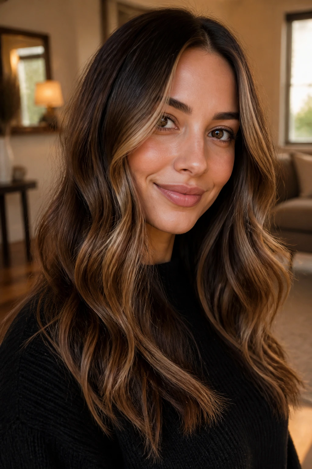 Close-up of brunette wavy hair with cocoa and honey drizzle balayage