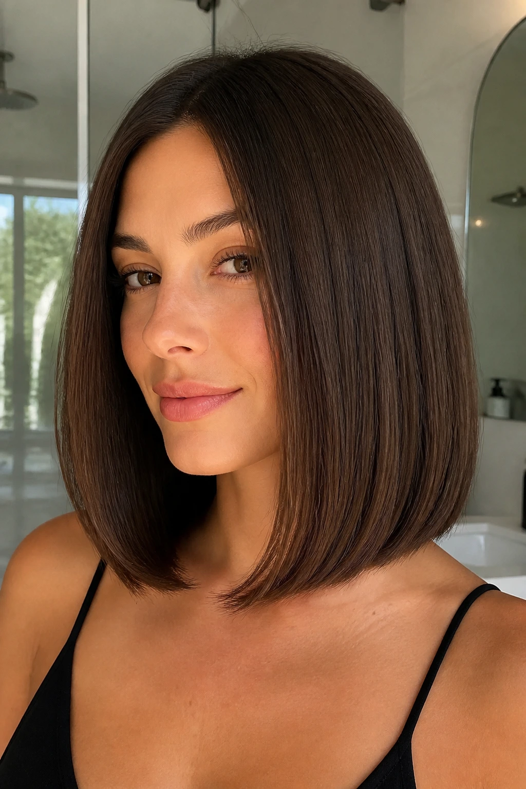 Close-up of a woman with cocoa lob and invisible layers