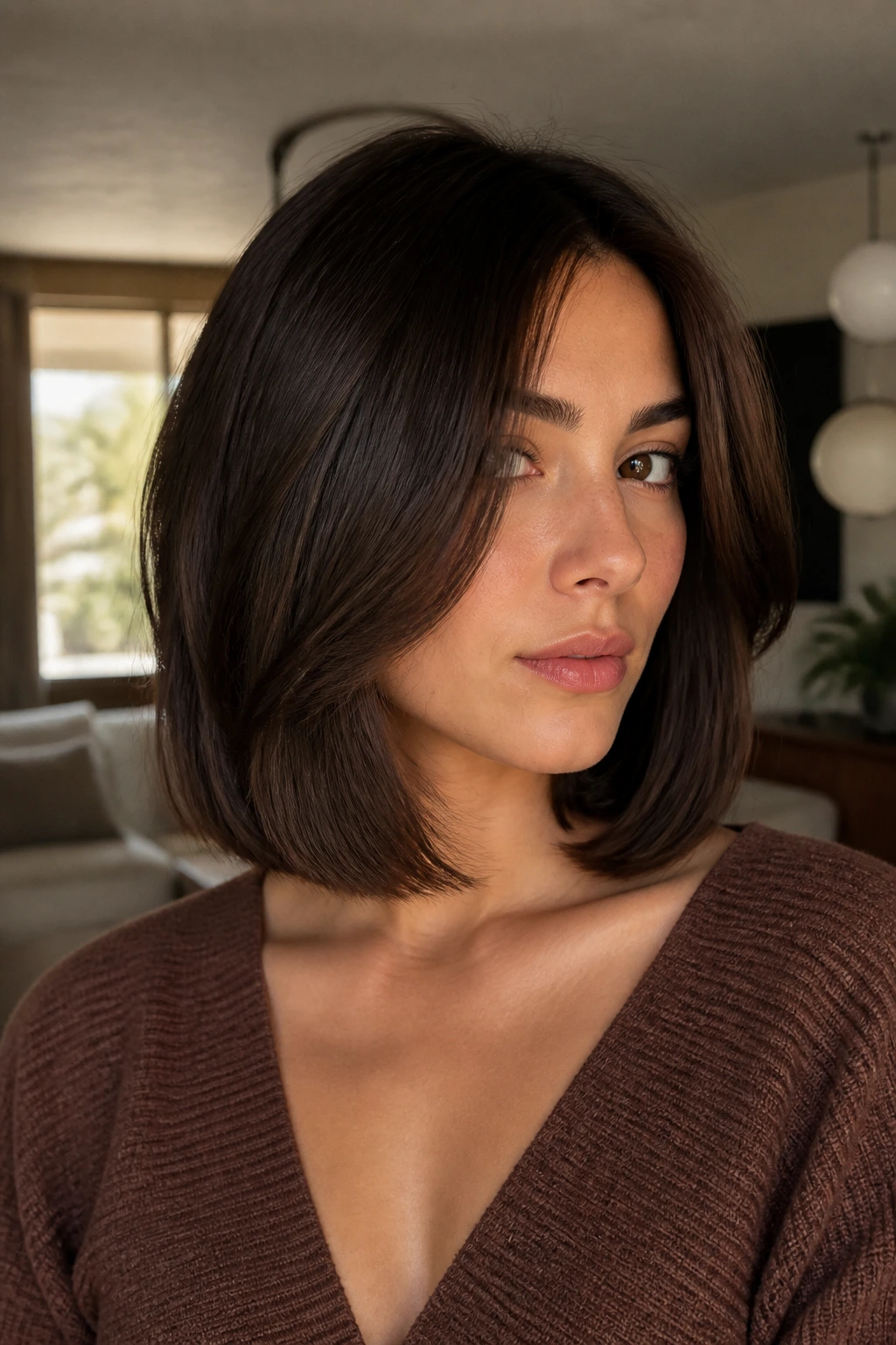 Close-up of a real woman with cocoa brown lob and invisible layers