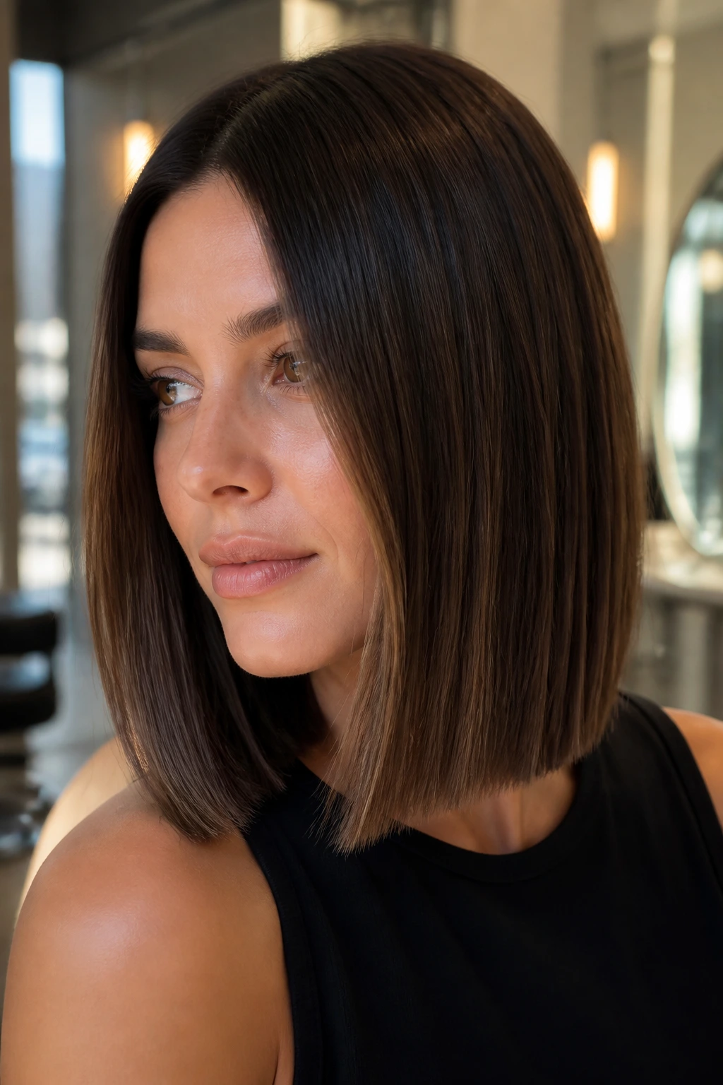 Close-up of brunette with cocoa lowlights in a blunt cut lob