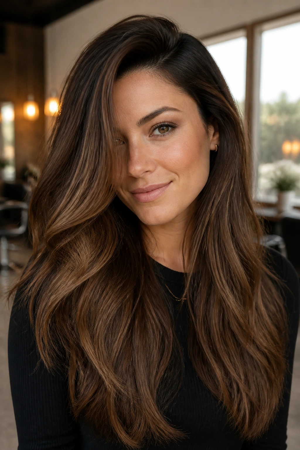 Close-up of a real woman with long brunette cocoa-melt hair and a deep side part in warm window light