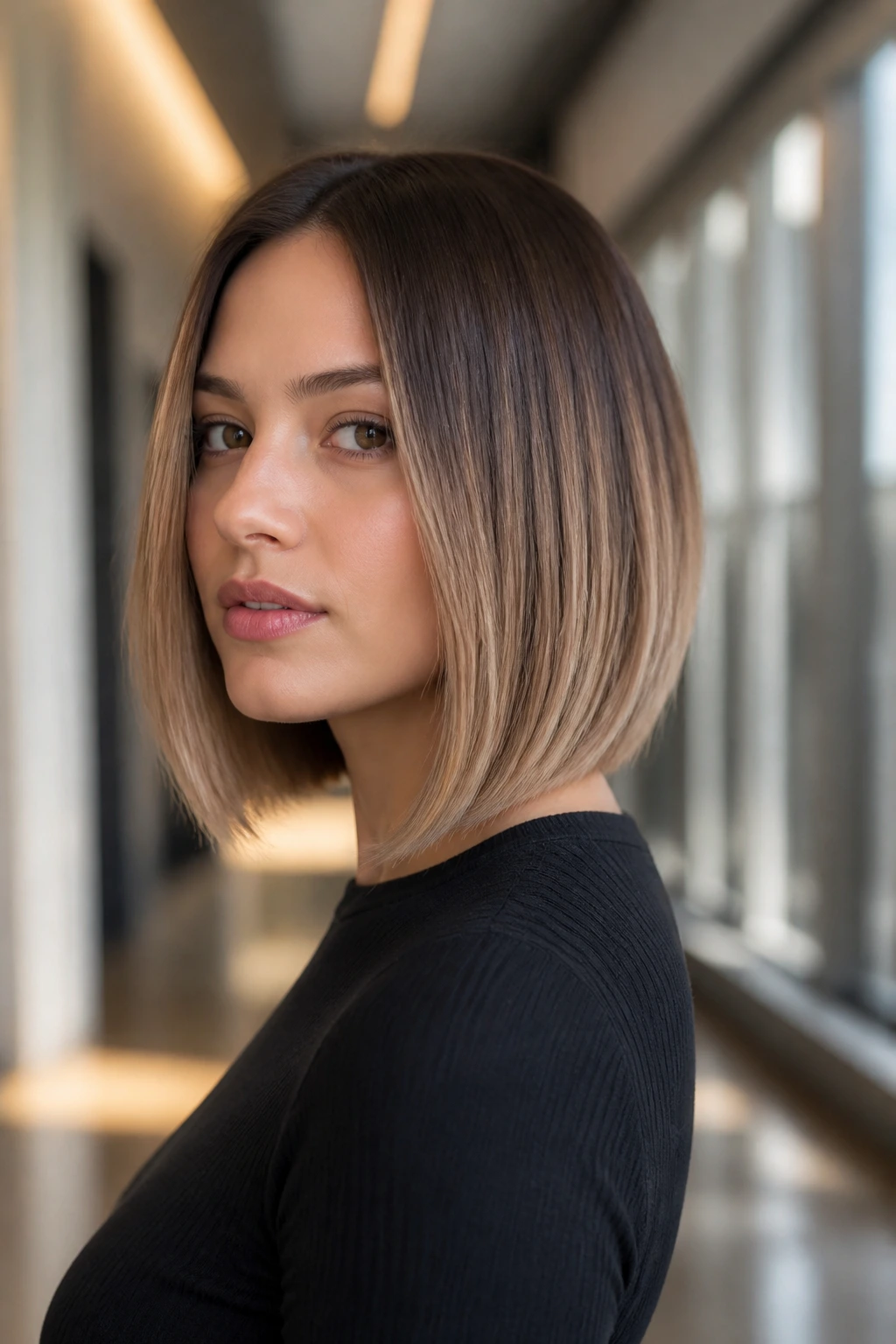 Close-up of a woman with sleek bob showing cocoa to milk-tea ombre in soft light