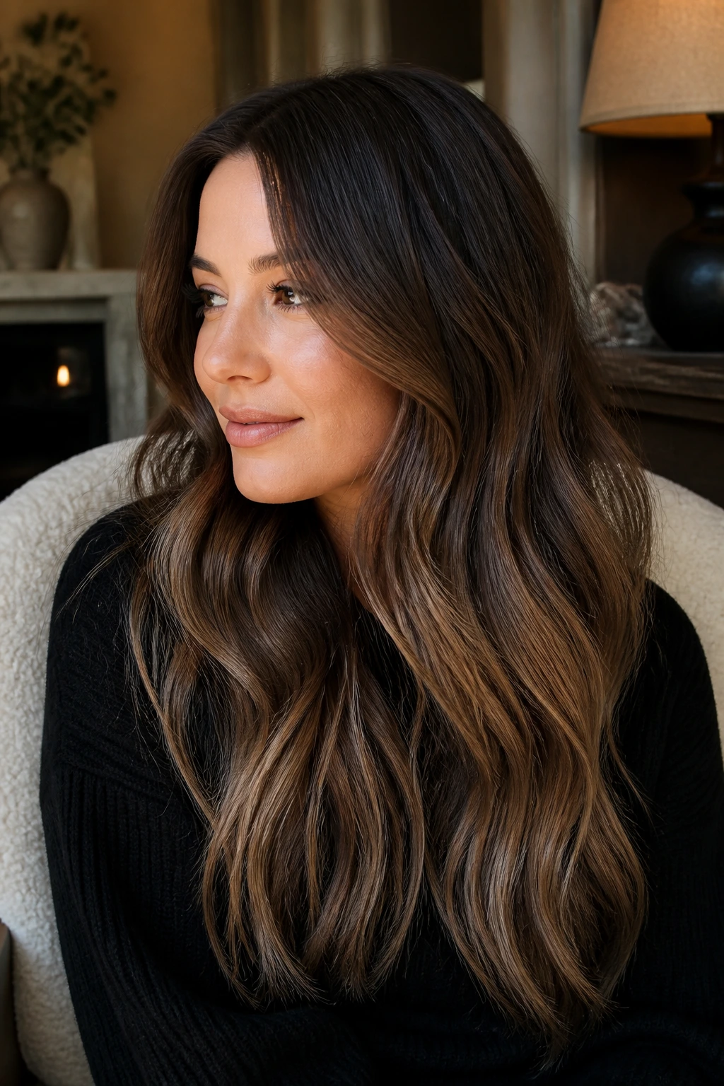 Close-up portrait of a real woman with cocoa, mink, and mushroom ombre ends