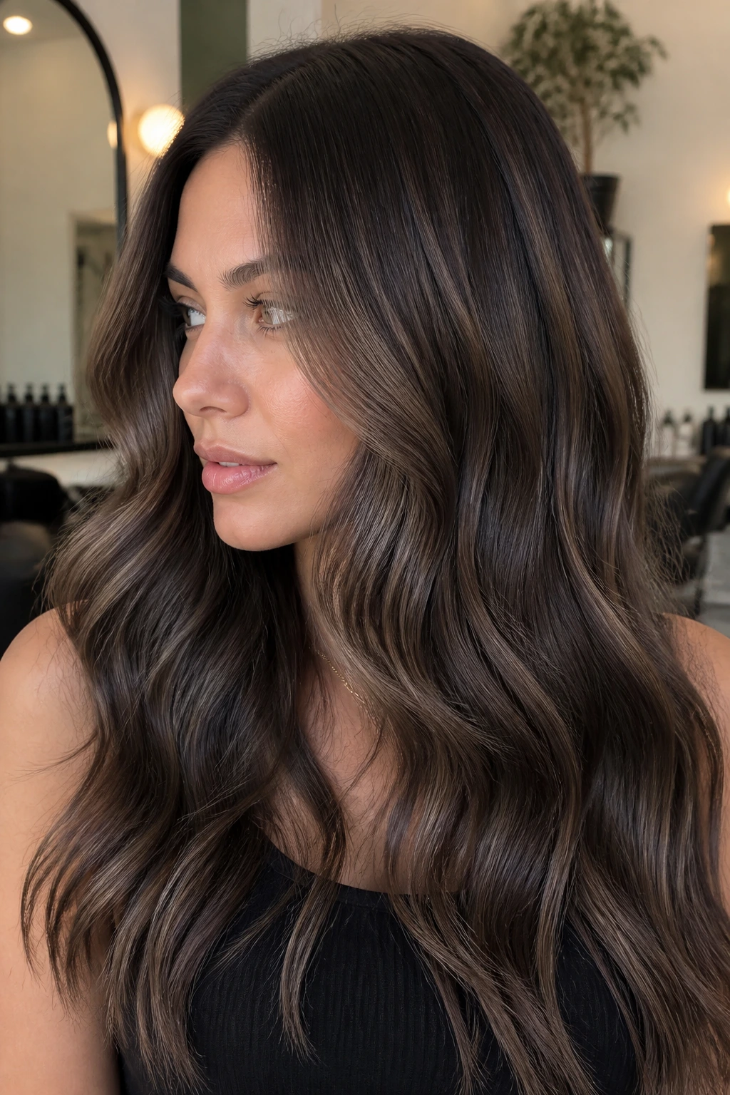 Close-up of a real person with cocoa mushroom blend brunette hair