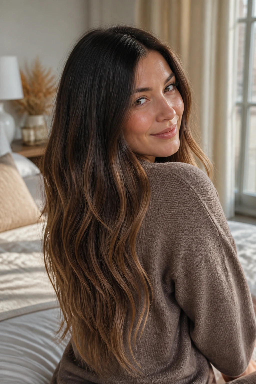 Close-up of a real woman with rooted cocoa ombré on long hair