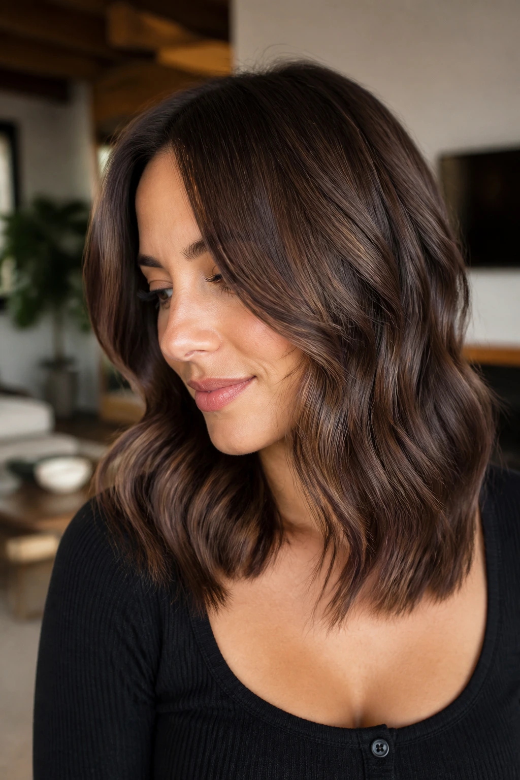 Close-up of a real woman with cocoa reverse balayage on shoulder-length hair and darker mid-lengths