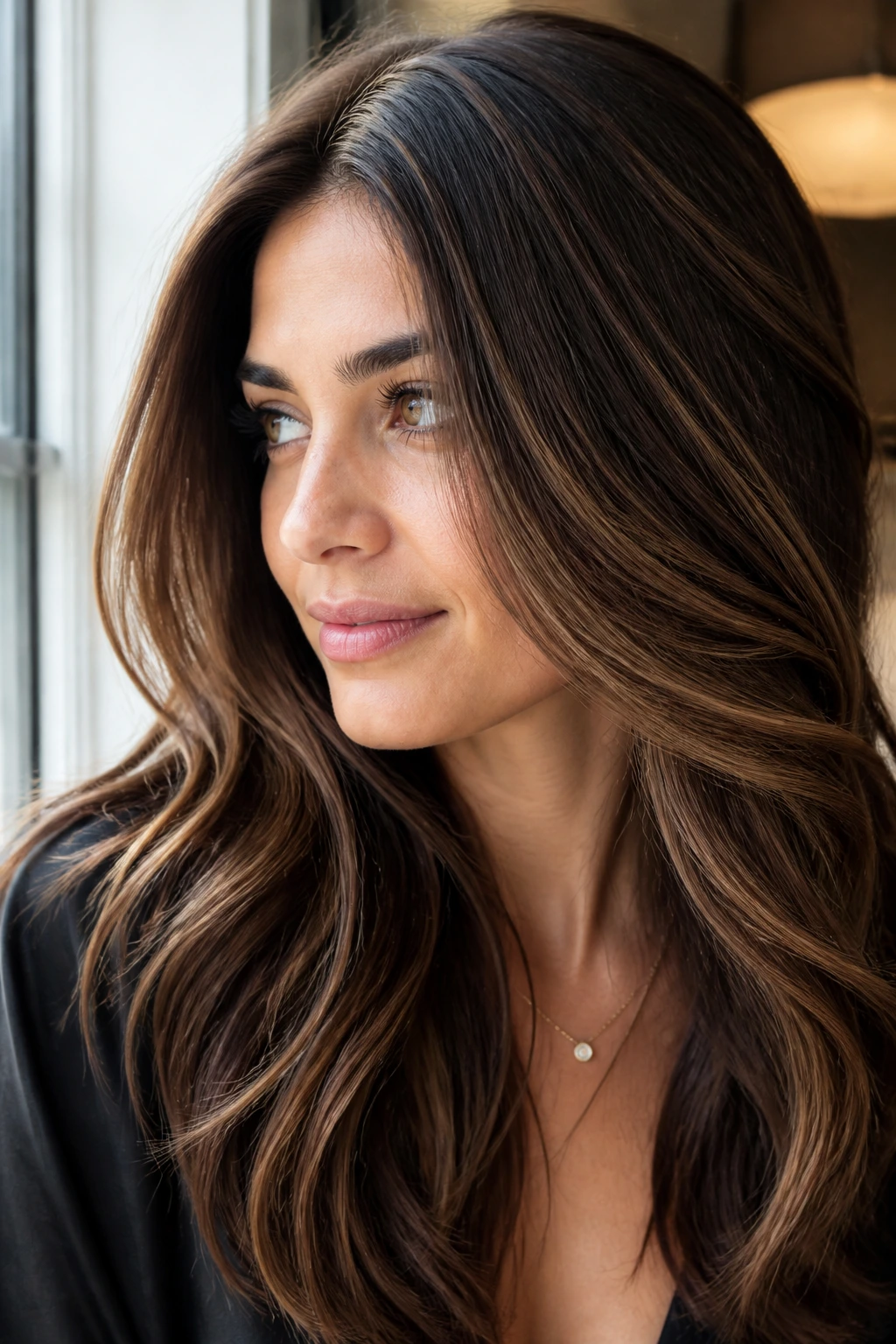 Real woman with cocoa ribbon highlights in brunette hair under window light