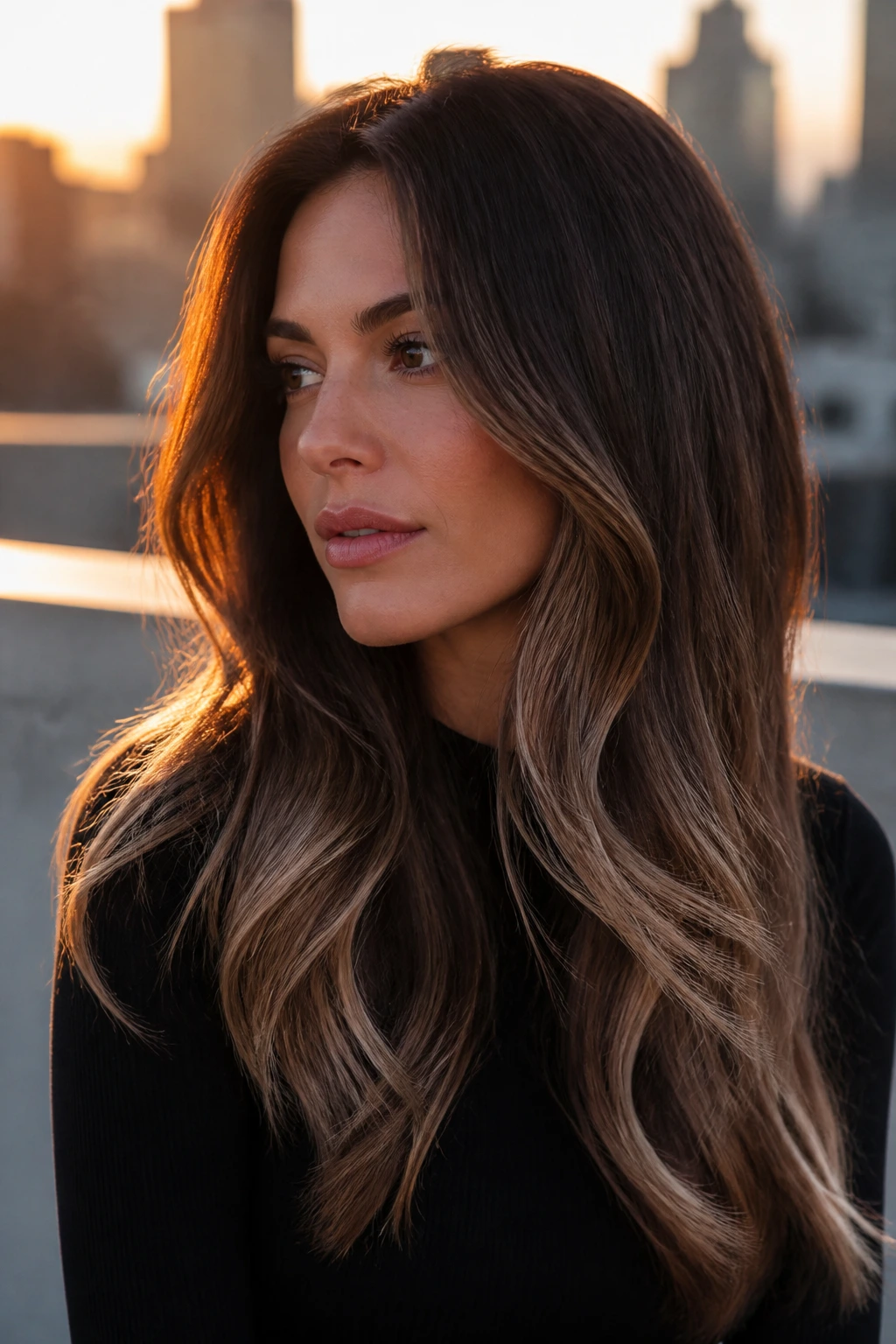 Portrait of a woman with cocoa root shadow and airy lighter ends.
