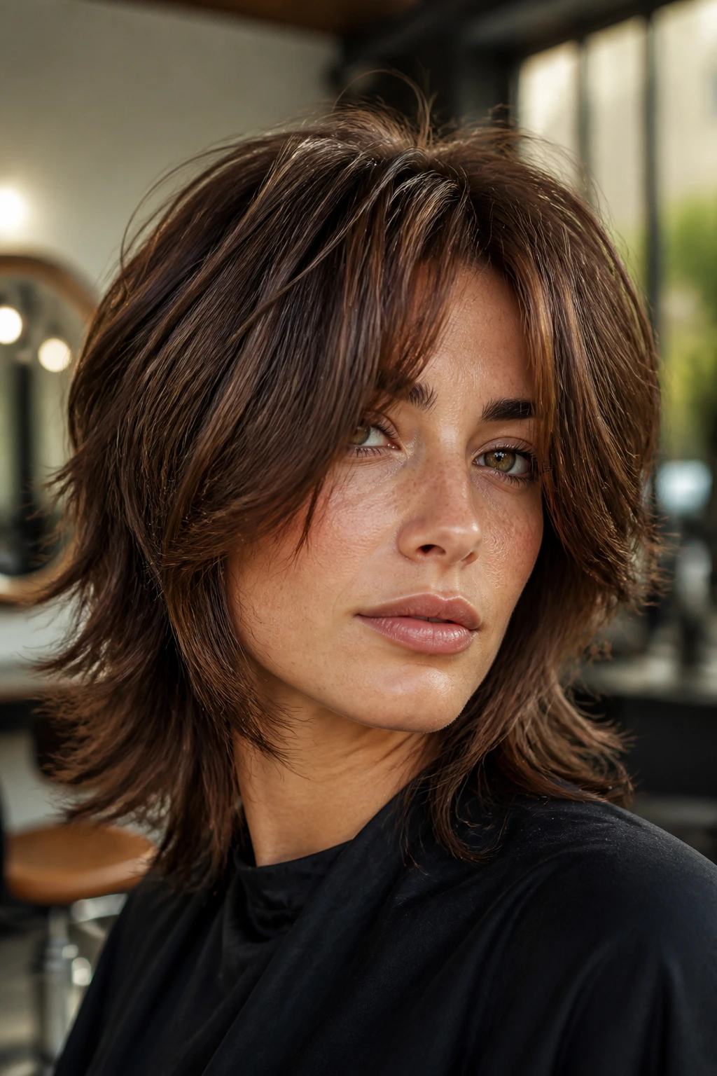 Close-up of cocoa brown face-framing shag on a real woman, highlighting cheek and forehead layers.