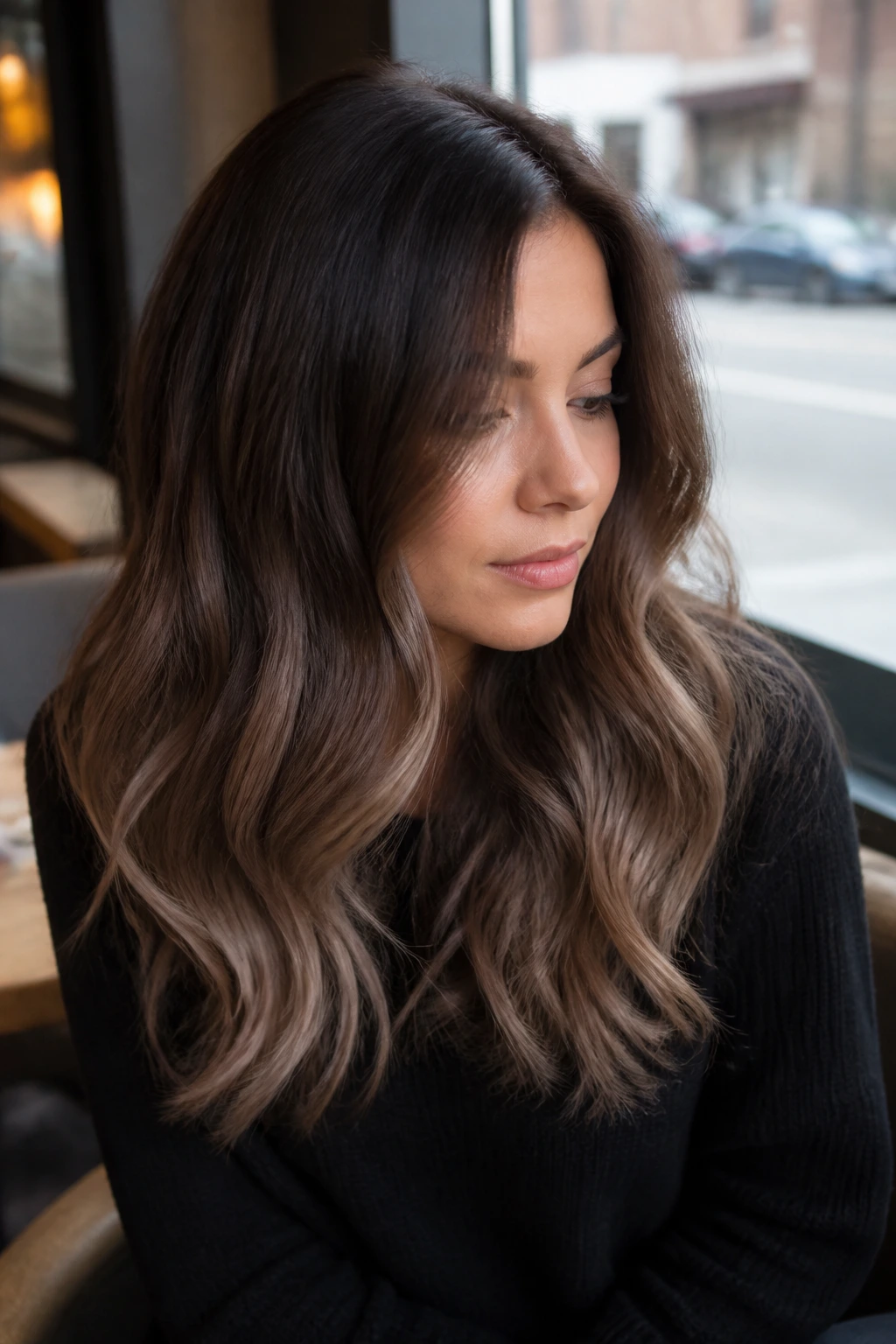 Woman with brunette hair gradient from cocoa roots to taupe ends