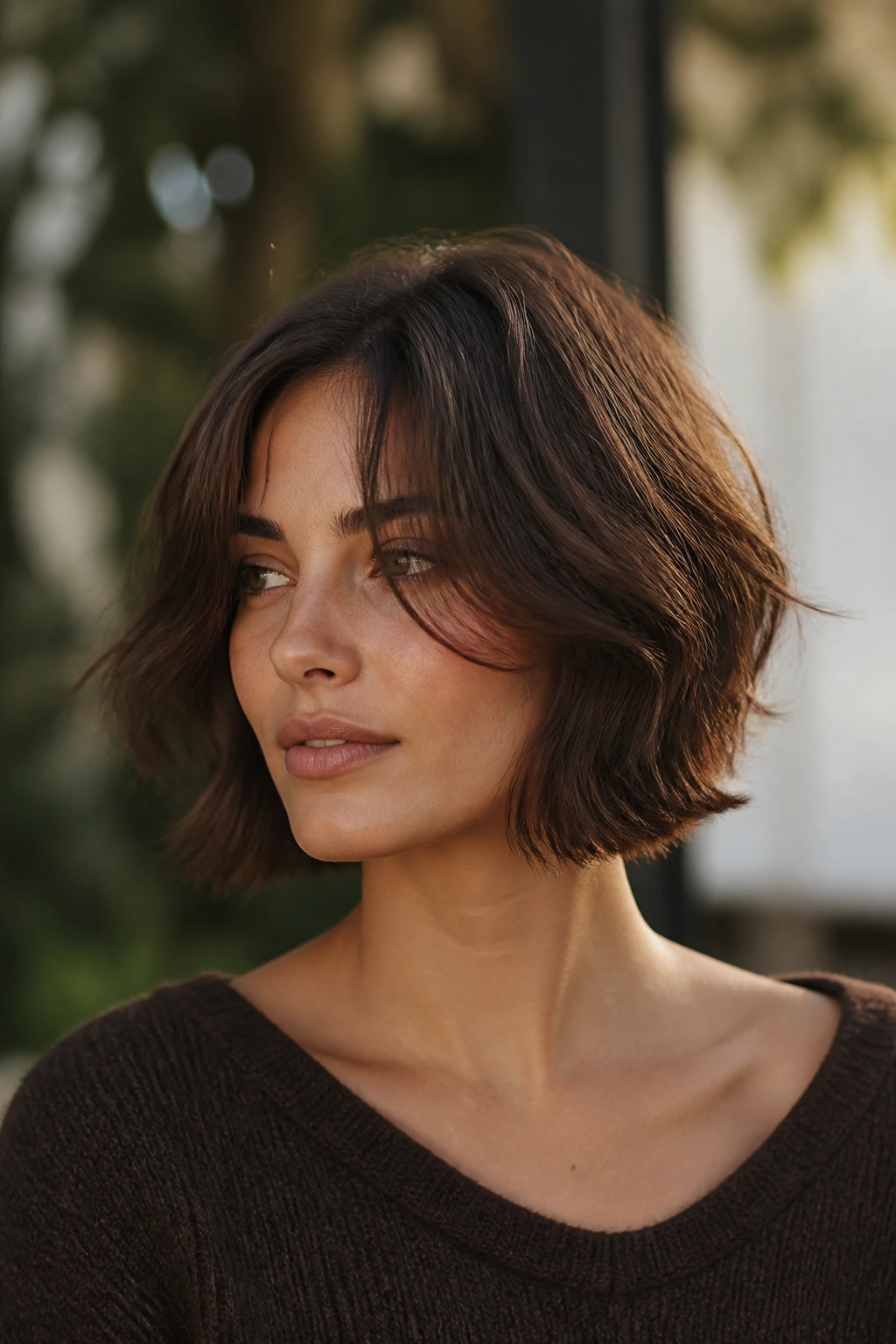 Portrait of a real person with a cocoa textured bob in natural light.