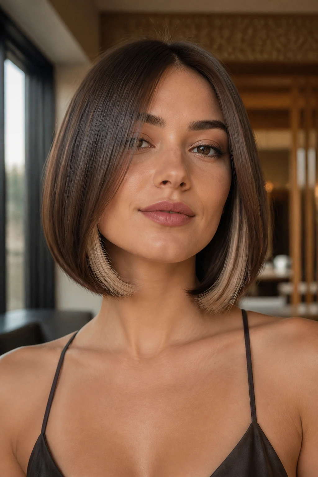Close-up of a real woman with cocoa-tinted bob and subtle underlights in natural window light